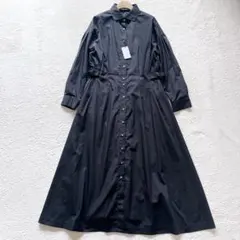 【新品タグ付】フレアロングシャツワンピース 長袖 L ブラック 黒 モード