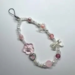 ビーズキーホルダー ビーズストラップ ピンク 花 あめ キラキラ