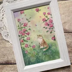 オイルパステル画　薔薇と猫　No.2