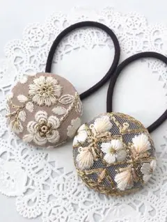 【No.117】インド刺繍 くるみボタン38㎜ ヘアゴム 2個セット