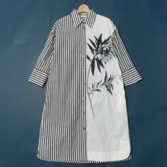 ☆美品☆ERDOS オルドス　シャツワンピース　白灰色ストライプ　花柄プリントL