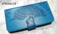 iPhone14/13 用 スマホケース 手帳型 蝶 花柄 ブルー 青色