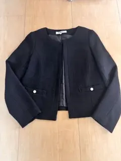 Ｌナチュラルビューティーベーシック ノーカラージャケット ツイード 黒ブラック