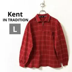 Kent ケント　メンズポロシャツ　長袖　ハーフジップ　チェック柄　レッド　綿のサムネイル