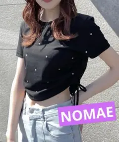 NOMAE ビジューサイドギャザーTシャツ 黒 フリーサイズ