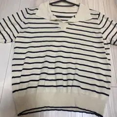 アイボリーとネイビーのストライプ 半袖ニットポロシャツ