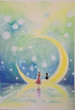 原画：約15×10cm】 青空とシャボン玉 オイルパステル画 キャンバス画