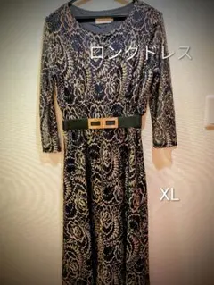 ロングドレス XL 黒×ゴールド総レースゴールドバックル付き 美品 XL
