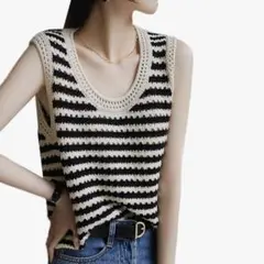 レディース ボーダー ニットベスト トップス ベスト キャミソール タックトップ