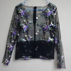 花柄刺繍 シースルー トップス 長袖 ブラックのサムネイル