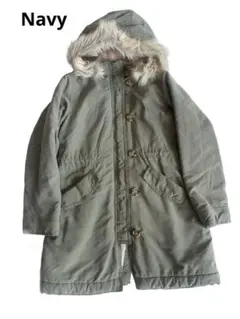 Navy モッズコート ファー付き 140cm グリーン ウエスト調整可能
