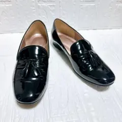 銀座かねまつ ローファー【24】黒 エナメル タッセル 美品 日本製 ブラック