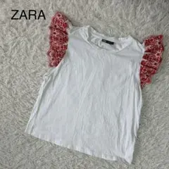 【ザラ】半袖カットソー　Tシャツ　袖刺繍フリルレース　大人可愛い　S ホワイト