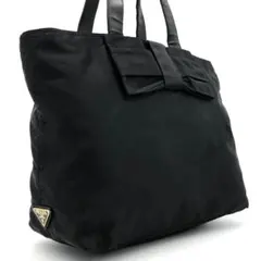 【PRADA】トートバッグ ロゴジャガード　三角ロゴプレート　リボン　黒色