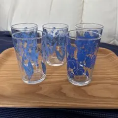 【値下げ中】青い花柄ガラスコップ5個セット
