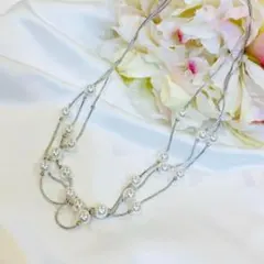 パールチョーカー　重ね付け風3連ネックレス　シルバー