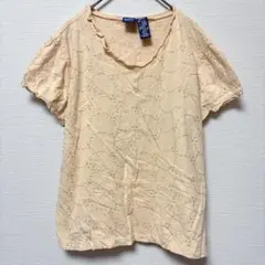 ベーシックエディションズ Tシャツ Vネック 半袖 刺繍 M 杏 綿 お出かけ