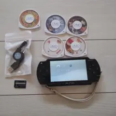 良品★psp本体★黒3。純正バッテリー、ゲーム５つ、メモリー、新品充電器付き♪