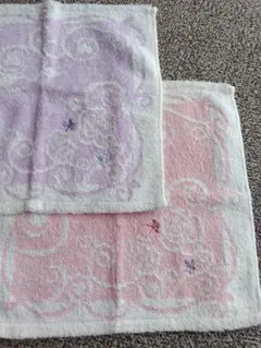 花柄刺繍タオルハンカチ 紫 ピンク 2枚セット