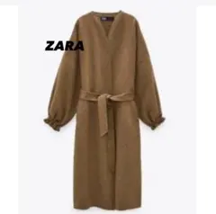 美品✨ZARA ベルト付き　ウール　ロングコート　ガウンコート　ノーカラーコート