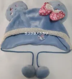 ディズニー　レア　ミニー　ファンキャップ　防寒　リボン　水玉　水色　ピンク