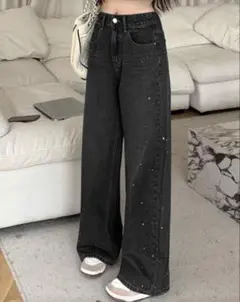 shein ブラック ストレート ラメビジュー ダークグレー ワイドレッグデニム