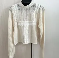 ZARA フリル付きニットセーター　レース ニット S 半袖 アイボリー