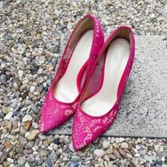 【M.deux】エムドゥ　ピンク レース パンプス　ハイヒール M