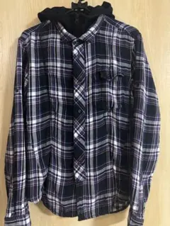 PPFM フェイクレイヤード チェックシャツ フーディー 紫 黒 L相当