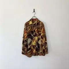 古着 スカーフ柄シャツ オープンカラー 金ボタン 個性的 レトロ 茶色 アート