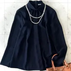 美品 セオリーリュクス スタンドカラーブラウス ネイビー 洗える とろみブラウス