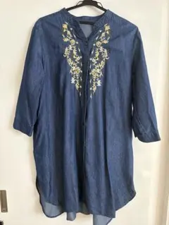 デニム刺繍チュニック 七分袖 Lサイズ