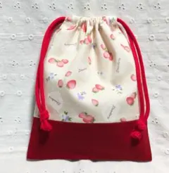 ハンドメイド、苺柄の給食袋、巾着袋、コップ入れ、ベージュ、赤