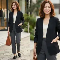 【美品】✨オンワード樫山 iCB ノーカラー Vネックジャケット 黒 9