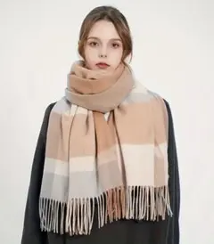 【ブラウン】新品　マフラー　ストール　大判　チェック　おしゃれ　防寒　フリンジ