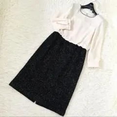 グレースクラス ラメジャガード切替ワンピース 36 ビジュー バイカラー ウール