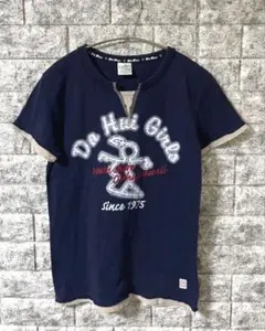 Da Hui Girls V字カットオフデザイン 刺繍入り半袖Tシャツ ネイビー