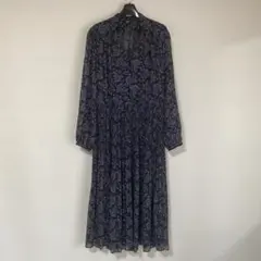ユニクロ：シー L 花柄シフォンプリーツワンピース 濃紺 ネイビー DMW