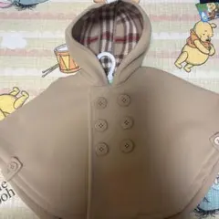 ミキハウス　ベビーポンチョ フード付き ベージュ チェック柄
