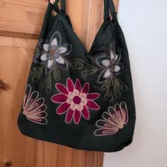 ハーモニカ 花柄刺繍 ダークグリーン ショルダーバッグ