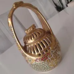 玄山】「薩摩 花瓶」茶道具 金彩 薩摩焼金彩色絵花詰在銘アンティーク