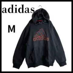 adidas アディダスダークグレー ビッグ刺繍ロゴプルオーバーパーカー M古着