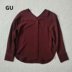 GU バーガンディ Vネック ボタンシャツ 長袖