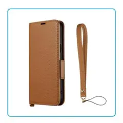 iPhone 14 Plus 本革風レザーフラップケース キャメル ストラップ付