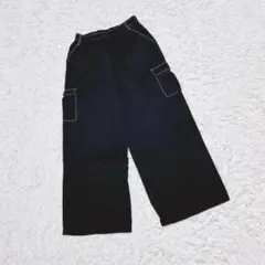 【WEGO】　カーゴパンツ　（Ｆ）　ウエストゴム　ブラック　ワイド　ステッチ　黒