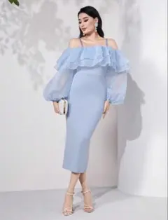 SHEIN オフショル フリルドレス ワンピース 水色 結婚式 お呼ばれ
