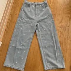 低身長向け 花柄刺繍 デイジー柄 ワイドレッグデニムパンツ