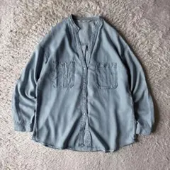 ザラ ZARA リヨセル スキッパー ノーカラー シャツ 長袖 M ブルー