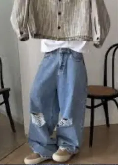 ケミカルウォッシュ ダメージデニム ワイドパンツ