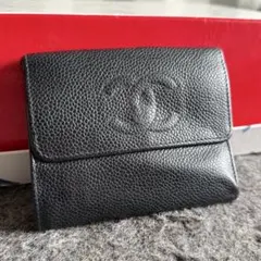 シャネル ３つ折り財布　黒　ココマーク　キャビアスキン ホック財布 ウォレット